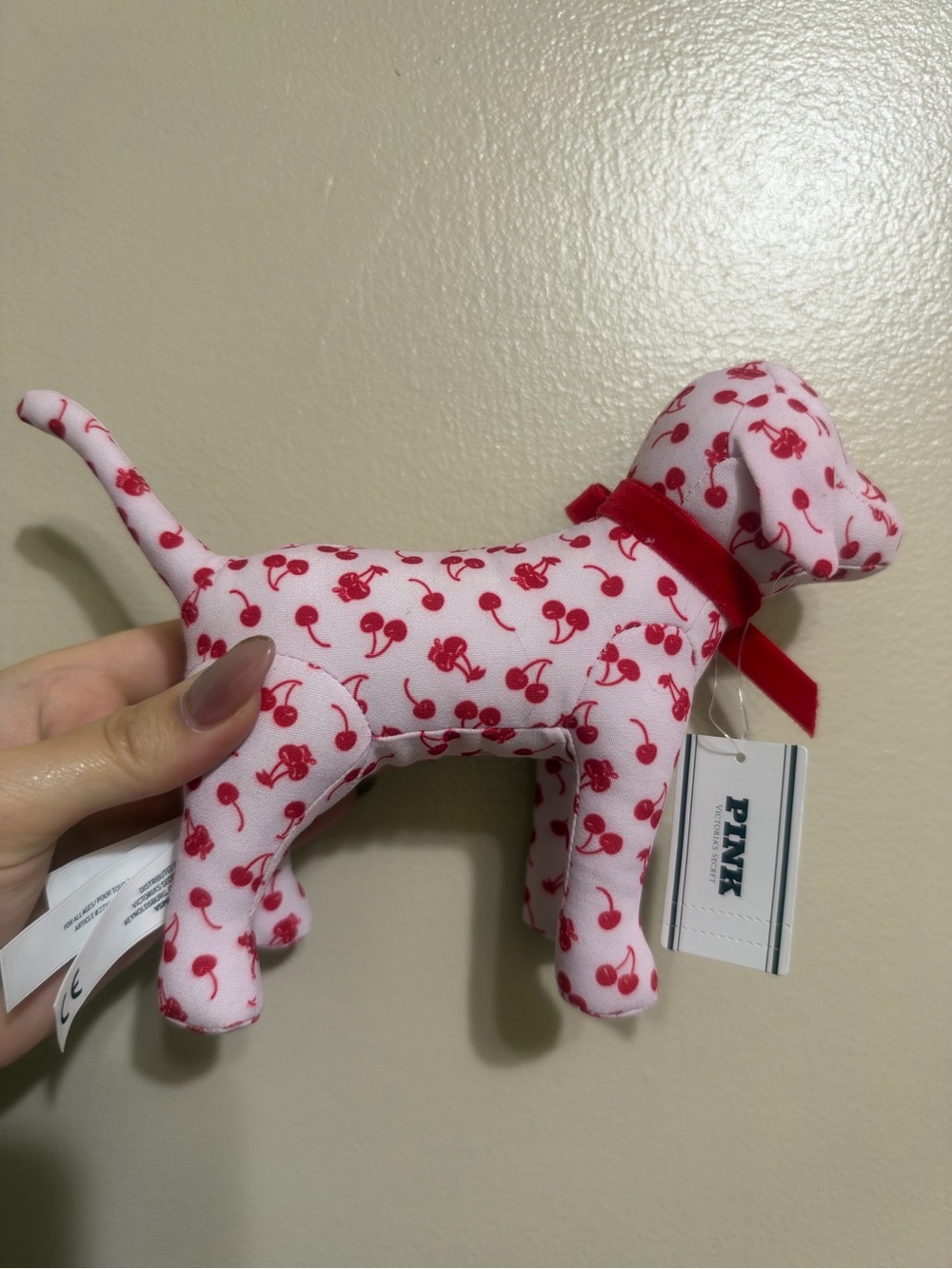 PINK Victoria's Secret Pink Plush Dog Toy with Red Cherry Print